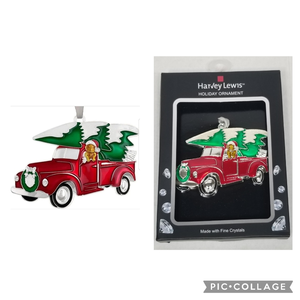 New Harvey Lewis Holiday Ornament Christmas Fine Crystals Dog Red Pickup Truck